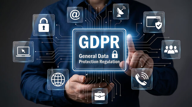 Businessman touching digital screen with GDPR data protection regulation concept