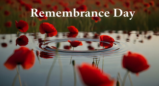 Vibrant red poppies reflecting in water for remembrance day observance