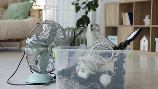 Plastic container with different broken appliances for recycling on floor indoors, camera moving in