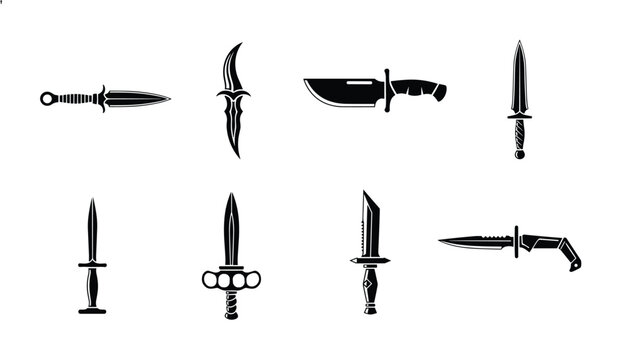 Tactical military knife collection showing eight black silhouettes of survival blades daggers and hunting knives.