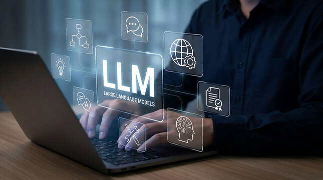 Person typing on laptop with digital large language model interface icons overlay