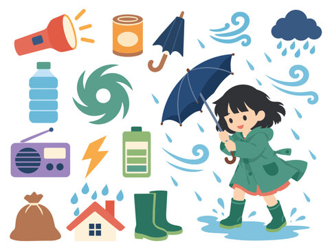 台風 暴風雨 強風 豪雨 大雨 悪天候 非常時 災害 レインコート 懐中電灯 長靴 バッテリー 女の子 グラフィック イラスト背景