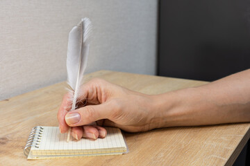 Writing by hand with a feather quill in a notebook on a wooden desk, representing traditional handwriting and creative work. © Cat_Kiti_cat