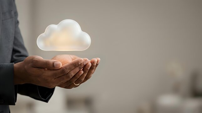 Businessman holding glowing cloud icon in cupped hands against blurred office background