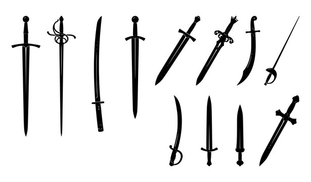 Set of Historical Swords Black Silhouettes Medieval Weapon Vector Illustration