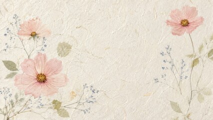 Fototapeta premium Pink cosmos flowers on handmade paper background for vintage wedding invite.