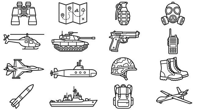 Various military and defense-related line art icons are arranged across a white background, featuring different combat vehicles and gear.