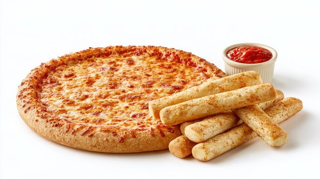 Cheese pizza with breadsticks and marinara on white background, combo deal product shot