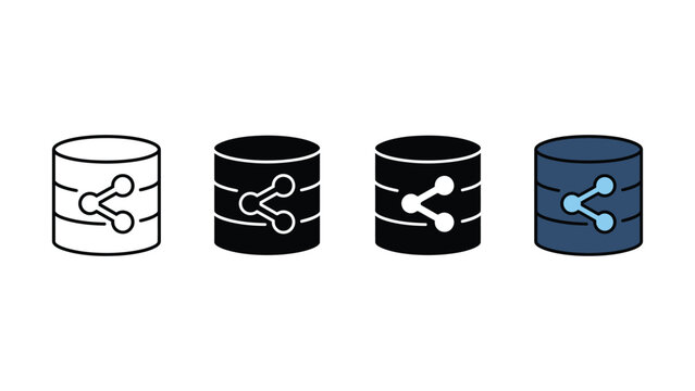 Set of data storage database cylinder icons with share network connection symbols