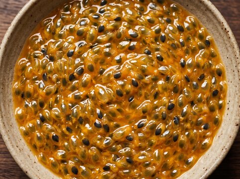 Passion Fruit Pulp: A close-up view of vibrant passion fruit pulp, filled with gelatinous sacs and edible black seeds, showcased in a rustic ceramic bowl.