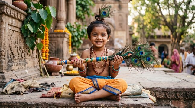 Young boy dressed as Lord Krishna holding a flute and peacock feathers