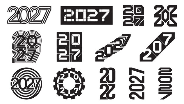 Happy New Year 2027 Digital & Gear Typography Logo Set, Modern Tech Stripe Vector Collection