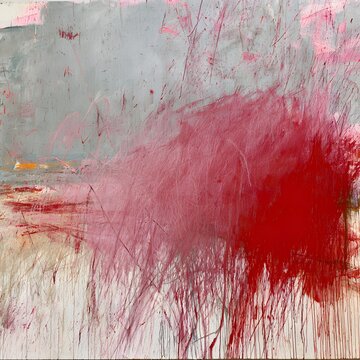 Abstract Contemporary Painting with Red Brushstrokes and Delicate Multicolor Scratches