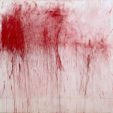 Abstract Contemporary Painting with Red Brushstrokes and Delicate Multicolor Scratches