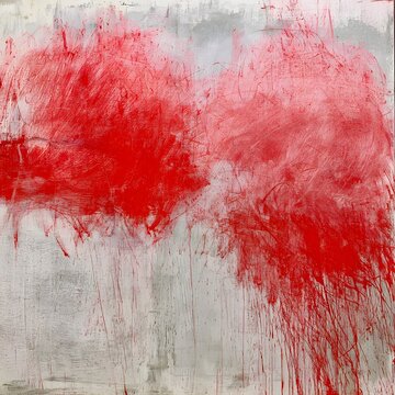 Abstract Contemporary Painting with Red Brushstrokes and Delicate Multicolor Scratches