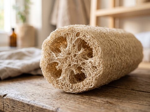 Loofah Natural Exfoliator: A close-up view of a natural loofah sponge, highlighting its intricate fibrous texture, rests on a rustic wooden surface, evoking a sense of organic beauty and wellness.