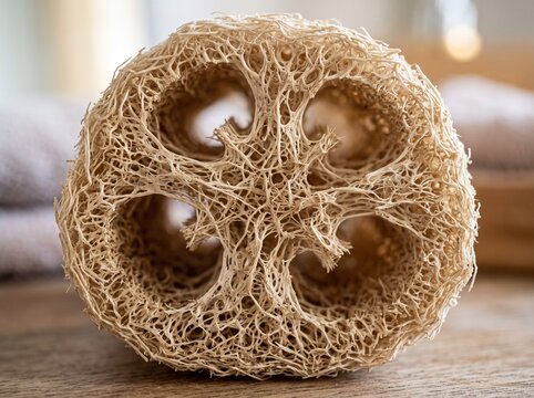 Loofah Sponge Natural Texture: A close-up of a natural loofah sponge, showcasing its intricate fibrous texture and porous surface. Perfect for spa, bath, or skincare content.