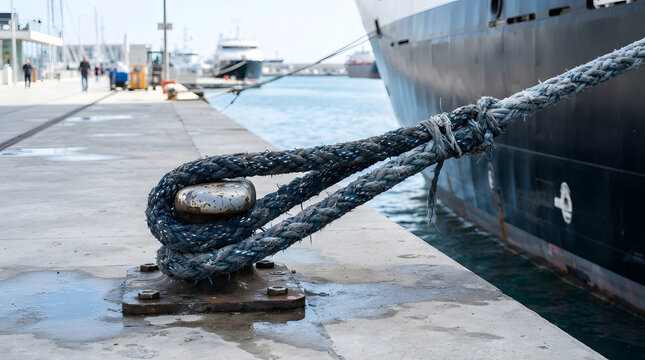 Heavy Duty Marine Mooring Rope Secured to a Steel Bollard on a Concrete Pier at a Busy Industrial Harbor During a Sunny Summer Afternoon