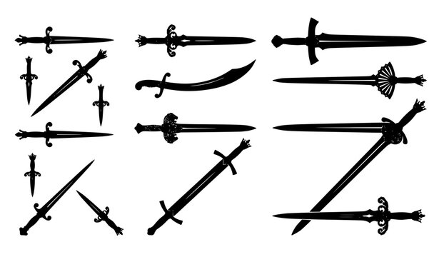 Ornamental Medieval and Ceremonial Sword Black Silhouette Vector Set