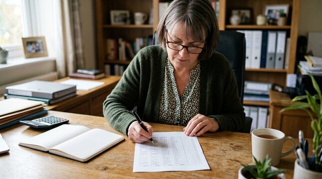 Bookkeeper reviewing a trial balance printout at a desk, period end accounting accuracy check concept