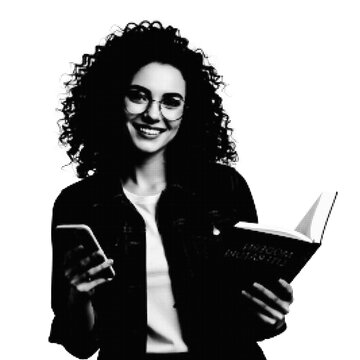 Professional woman reading book while holding smartphone isolated on transparent background, illustration