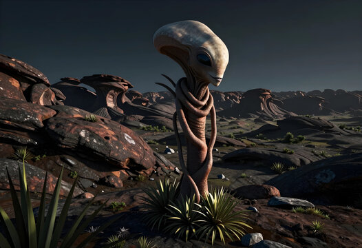 Extraterrestrial life and alien exploration, humanoid creature standing on a desolate rocky exoplanet landscape with strange flora and dark atmosphere