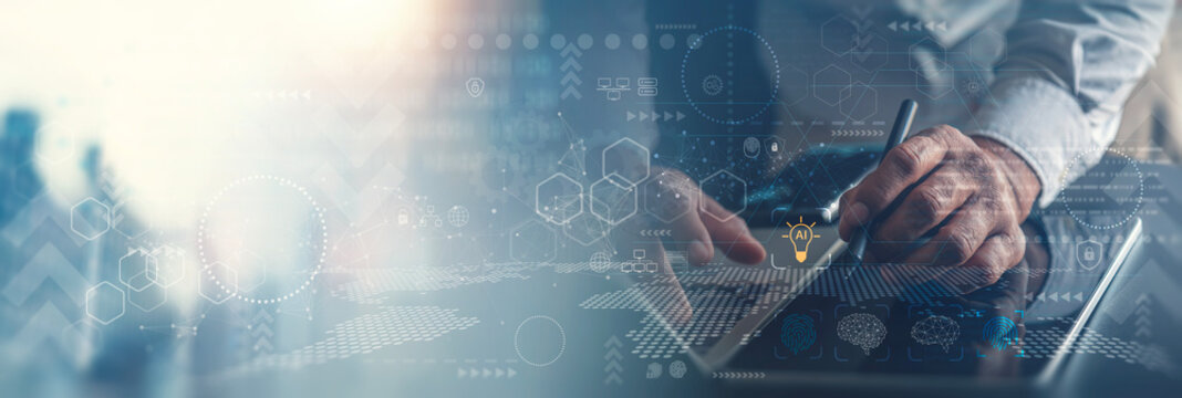 Artificial Intelligence AI Innovation Banner with Businessman Using Stylus Pen on Digital Tablet.

