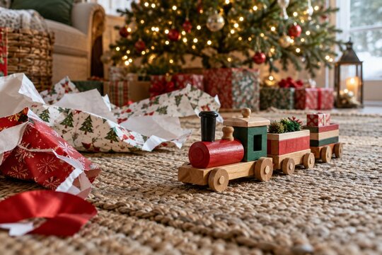 Wooden toy train and wrapping paper beside a Christmas tree