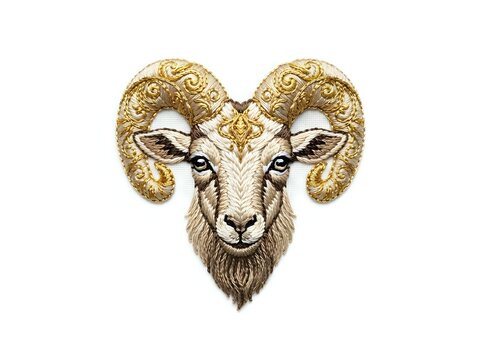 Ornate ram head with golden horns and detailed facial features