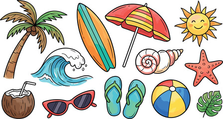 Fototapeta premium Tropical Summer Beach Vacation Surf Clipart Hand Drawn Vector Set