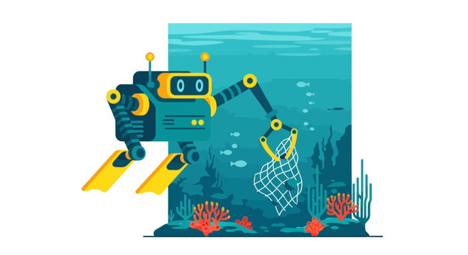Futuristic Underwater Robot Cleaning Ocean Debris with Net Illustration. Marine Conservation Technology Concept. Flat Vector Design of ROV Collecting Plastic Waste from Reef.