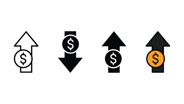 Set of finance and business arrow icons with dollar signs representing growth and decline