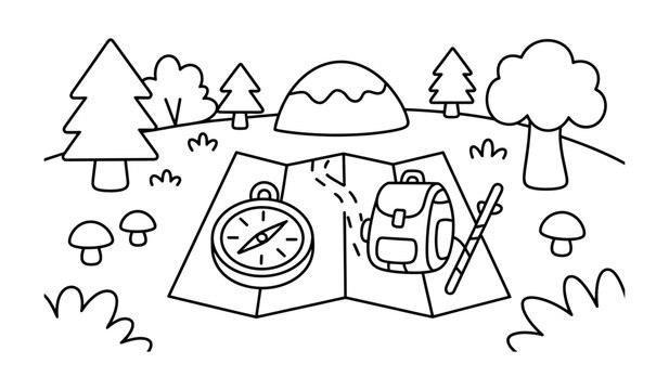 Hiking and camping equipment on a map in a forest landscape