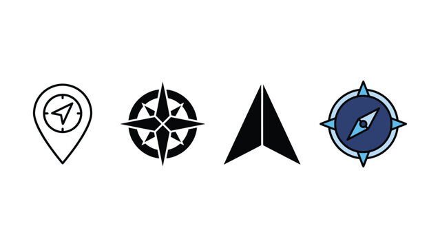 Set of four minimalist navigation and compass icons for digital mapping applications