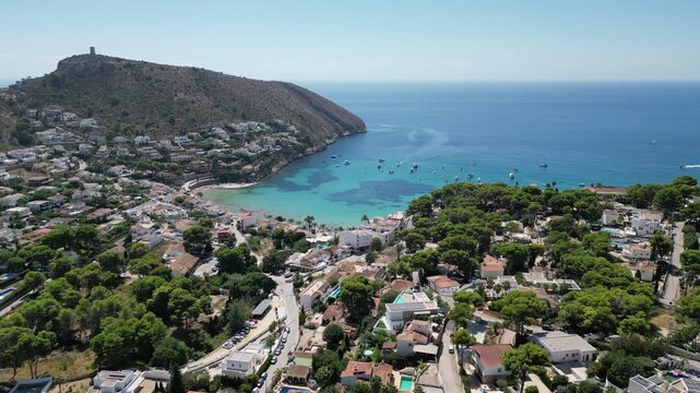 Vista aerea con dron de la cala de El Portet en Moraira, Alicante