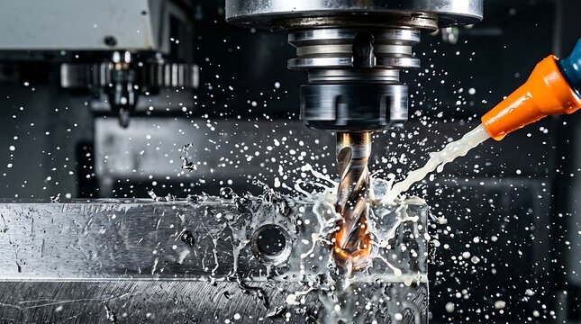 CNC machine drilling metal with coolant spray