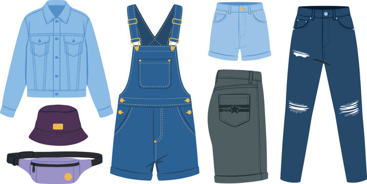Denim clothing vector set featuring isolated jean jacket ripped pants overalls shorts skirt bucket hat and waist bag