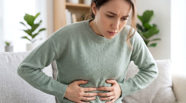 A young woman is experiencing severe abdominal pain, clutching her stomach with a pained expression on her face.