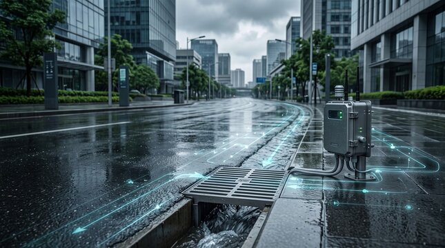 Smart storm drain sensor monitoring urban water runoff during a heavy rainstorm in modern city streets