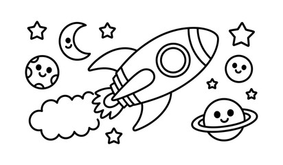 Obraz premium Cute cartoon rocket ship in space with planets and stars