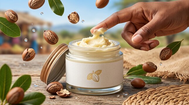 Shea butter cream in a jar, Hand scooping shea butter cream from glass jar with shea nuts outdoors  