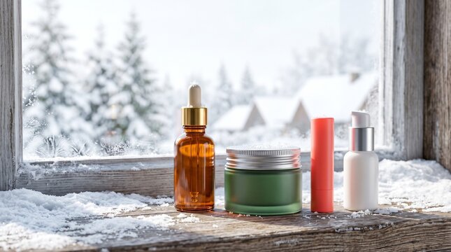 Skincare products on a snowy window sill, Skincare and cosmetic products on snowy windowsill in winter countryside