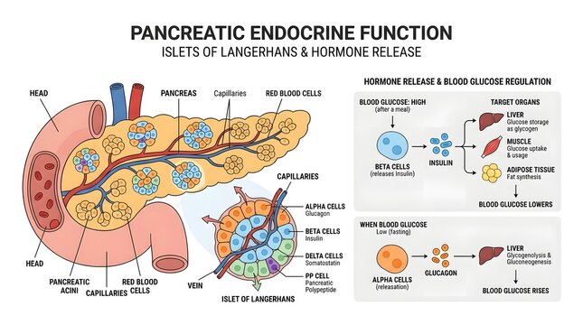 Pancreas Endocrine Function and Blood Glucose Regulation Diagram