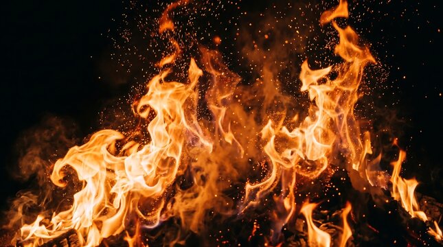 Close up of bright orange flames and glowing embers rising into the night air with abstract background fireworks combustion intensity particles