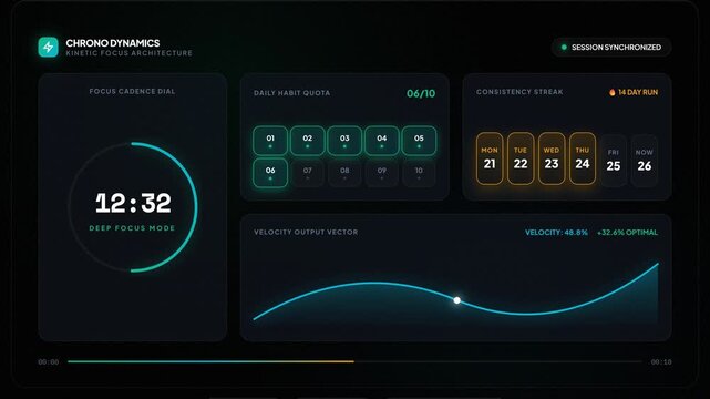 Digital dashboard interface with countdown timer and progress graphs
