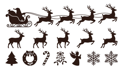 Fototapeta premium Christmas holiday vector illustration set featuring santa sleigh reindeers festive decorations snowflakes and seasonal winter elements