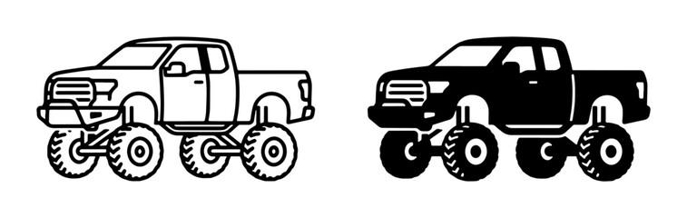 Monster Truck Icons, Off-Road Vehicle Graphics, Pickup Truck Vector Art, Mudding Transportation Symbols, Rugged Automotive Illustrations © Momin