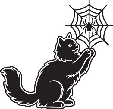 Black silhouette ragdoll cat with halloween spider web vector illustration