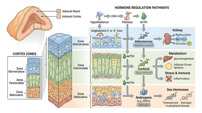 Adrenal Gland Cortex Zones and Hormone Regulation Pathways Diagram