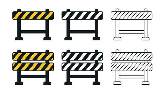 Construction barrier traffic roadblock vector icon set . Industrial street warning symbols, black silhouette and line outline graphics, isolated security elements .